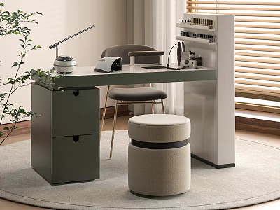 Modern Home Office Table and Chair Set with Green Desk Stool and Plant 3d model