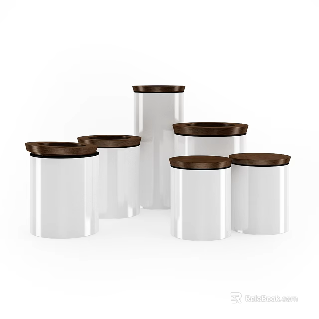 Six Piece White Cylindrical Tableware Set With Brown Lids For Kitchen Storage 3d model