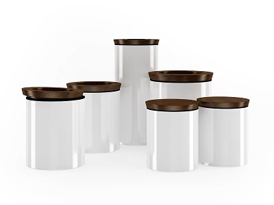 Six Piece White Cylindrical Tableware Set With Brown Lids For Kitchen Storage 3d model