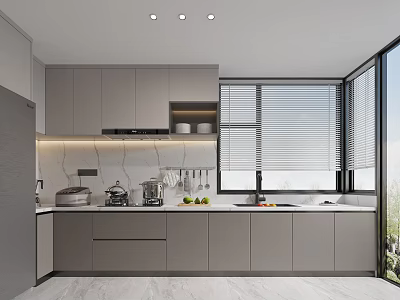 Modern Kitchen Interior Design With Gray Cabinets Countertop Lighting And Window Blinds 3d model