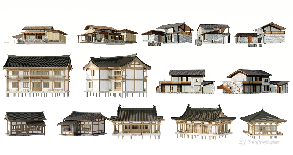 Traditional and Modern House Models Featuring Diverse Roof Styles and Architectural Designs 3d model 