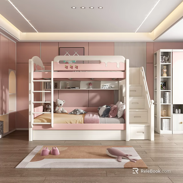 Pink Kids Room Interior Design With Staircase Bunk Bed Storage Cabinets And Stuffed Toys 3d model 