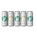Refreshing Canned Drinks with Various Designs Including Corn Apple and Sheep on Light Blue Background