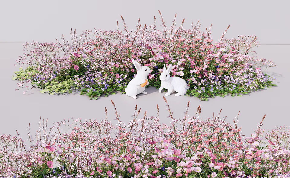 Vase With Pink Purple Flowers Surrounded By White Rabbit Statues And Green Plants 3d model 