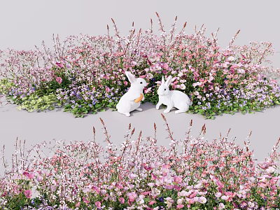 Vase With Pink Purple Flowers Surrounded By White Rabbit Statues And Green Plants 3d model