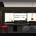Modern Tea Room Interior Design With Long Table Chairs Hanging Lamp And Green Plants