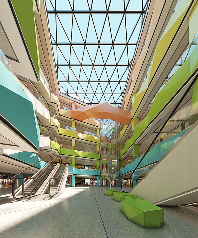 Modern Shopping Mall Atrium With Glass Skylight Geometric Ceiling Colorful Floors Escalators And Vibrant Interior 3d model