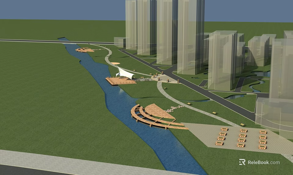 Urban Park Landscape With Blue River Green Lawn Wooden Paths And Modern Tall Buildings 3d model 