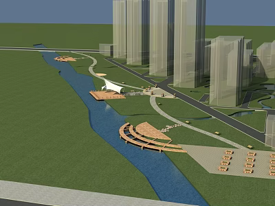 Urban Park Landscape With Blue River Green Lawn Wooden Paths And Modern Tall Buildings 3d model