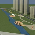 Urban Park Landscape With Blue River Green Lawn Wooden Paths And Modern Tall Buildings