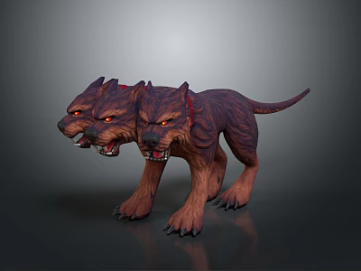 Three Headed Wolf Sculpture With Red Eyes Sharp Fangs And Purple Brown Fur Ferocious Design 3d model