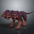 Three Headed Wolf Sculpture With Red Eyes Sharp Fangs And Purple Brown Fur Ferocious Design