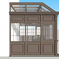 Wooden Porch Structure With Glass Windows Central Double Doors And Triangular Roof Rafters