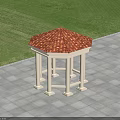 Octagonal Gazebo With Red Tiled Roof White Columns On Paved Ground And Green Lawn