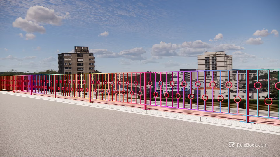 Colorful Railings On Pedestrian Bridge With High Rise Buildings And Sky Background 3d model 