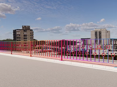 Colorful Railings On Pedestrian Bridge With High Rise Buildings And Sky Background 3d model