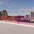 Colorful Railings On Pedestrian Bridge With High Rise Buildings And Sky Background