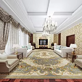 Luxurious Hotel Public Lounge Area Interior With Ornate Chandelier Patterned Rug And Beige Sofas