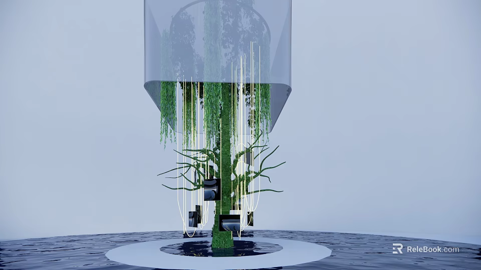 Modern Art Installation With Green Hanging Plants Circular Base And Water Surface 3d model 