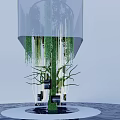 Modern Art Installation With Green Hanging Plants Circular Base And Water Surface