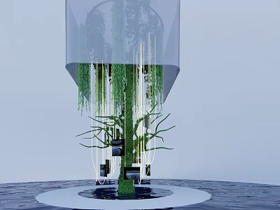 Modern Art Installation With Green Hanging Plants Circular Base And Water Surface 3d model
