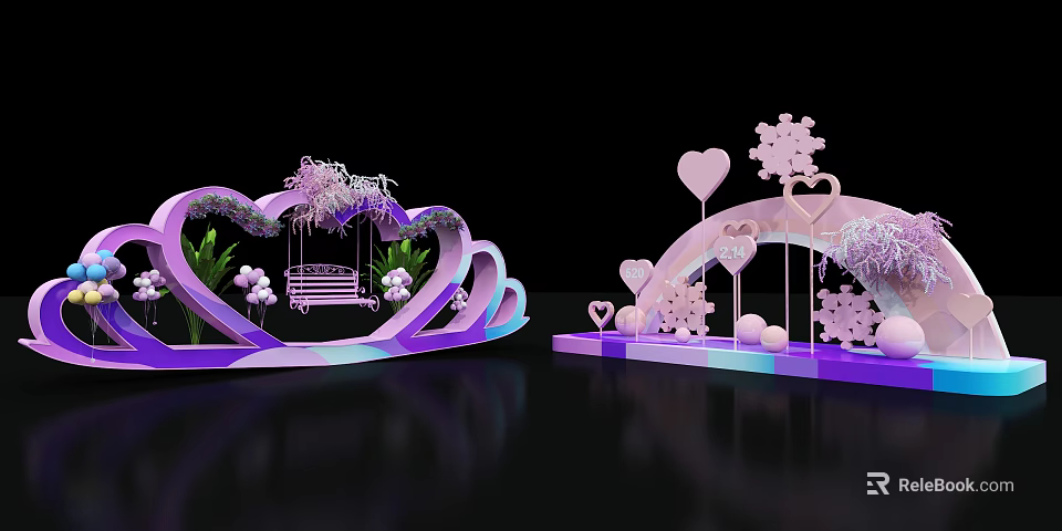 Romantic Decorative Scene With Purple Arch Heart Shaped Snowflake Ornaments Bench Plants Pink Floral Details 3d model 