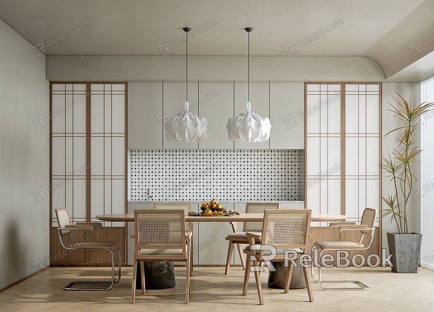 Nordic Restaurant Home Dining Table and Chair Combination Chandelier Fruit Ornaments Blinds model