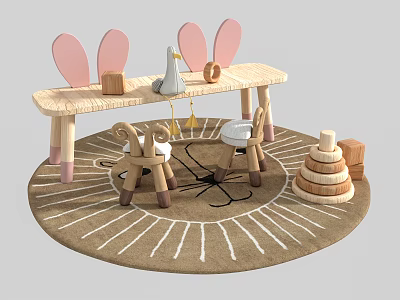 Kids Table with Bunny Ears Matching Chairs and Wooden Building Blocks on Round Sun Rug 3d model