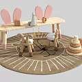 Kids Table with Bunny Ears Matching Chairs and Wooden Building Blocks on Round Sun Rug