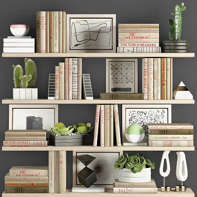 Decorative Ornament Combination On Bookshelf With Books Cacti Art Frames And Geometric Ornaments 3d model