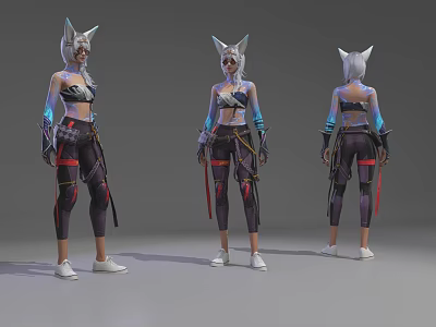 Game Movie Character With Cat Ears Silver White Hair And Blue Purple Outfit 3d model