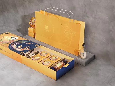 Elegant Decorative Ornament Set With Open Yellow Gift Box And Gift Bag 3d model