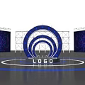 Modern Stage Design With Circular Logo Structure Blue Lighting Starry Backdrop And Reflective Floor 3d model