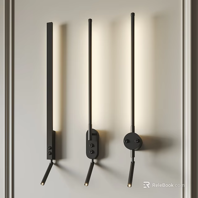 Modern Slim Linear Black Metal Wall Light With Soft Lighting On White Wall 3d model