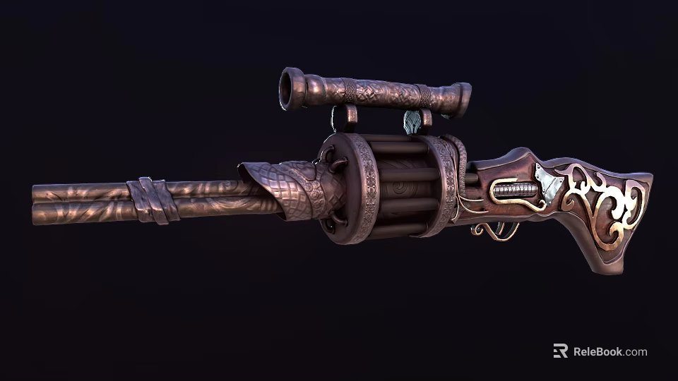 Vintage Firearm With Ornate Copper Finish Decorative Barrel And Revolver Cylinder 3d model 