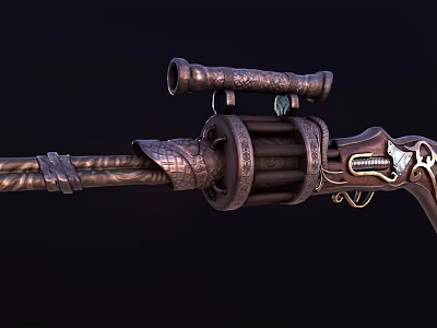 Vintage Firearm With Ornate Copper Finish Decorative Barrel And Revolver Cylinder 3d model