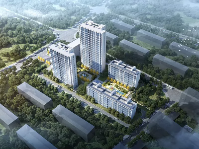 Aerial View Planning of Residential Complex with High Rise Low Rise Buildings Greenery and Roads 3d model