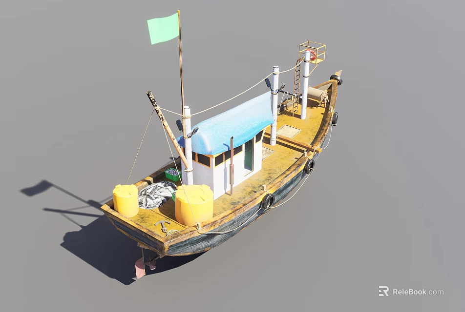 Old Yellow Hull Fishing Boat With Blue Roof Green Flag And Yellow Barrels On Deck 3d model 