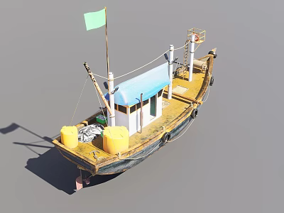 Old Yellow Hull Fishing Boat With Blue Roof Green Flag And Yellow Barrels On Deck 3d model