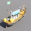 Old Yellow Hull Fishing Boat With Blue Roof Green Flag And Yellow Barrels On Deck
