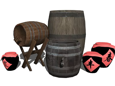 Traditional Wooden Barrels And Clay Jars For Daily Living Use Display Arrangement 3d model