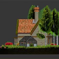 Cartoon Scene With Small House Red Roof Chimney Green Trees Red Flowers Glasshouse And Pink Boat