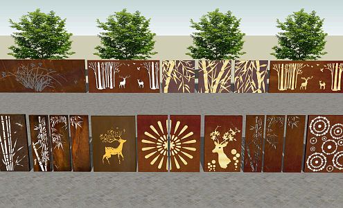 New Chinese Style Landscape Wall Folk Culture Rust Board Weather Resistant Steel Plate Silhouette Rust Board Landscape Wall Combination 3d model