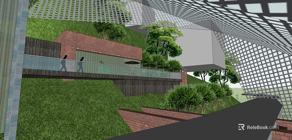 Public Green Space Design With Red Brick Structures Glass Railings Trees Shrubs And Walking Paths 3d model 