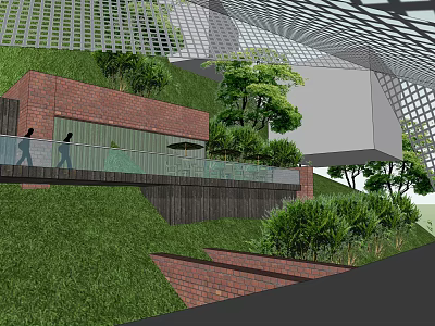 Public Green Space Design With Red Brick Structures Glass Railings Trees Shrubs And Walking Paths 3d model