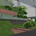 Public Green Space Design With Red Brick Structures Glass Railings Trees Shrubs And Walking Paths