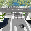 Modern Metro Station Entrance Gate With Greenery Pedestrians Paved Ground Blue Sky