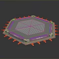 Octagonal Mechanical Structure With Grid Panel And Orange Protrusions On Gray Background