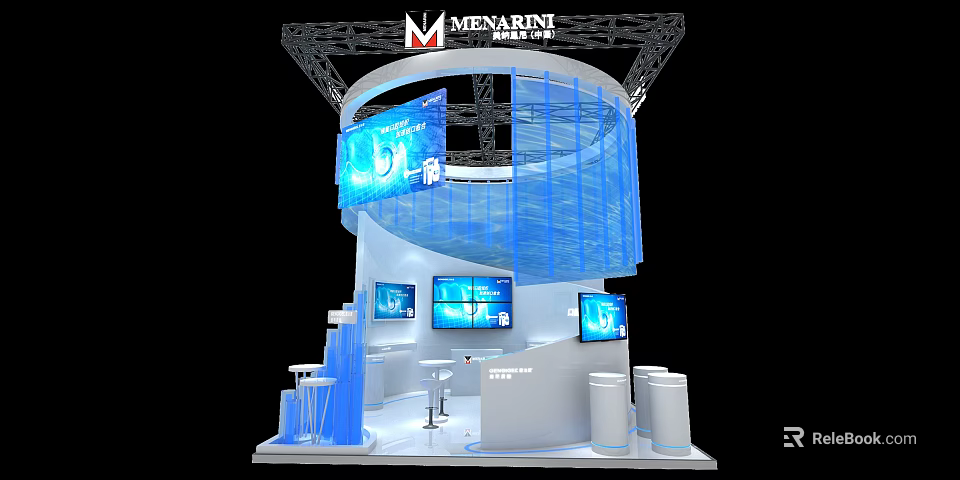 MENARINI Exhibition Booth With Modern Blue Spiral Design And Multiple Screens 3d model 