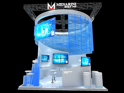 MENARINI Exhibition Booth With Modern Blue Spiral Design And Multiple Screens 3d model